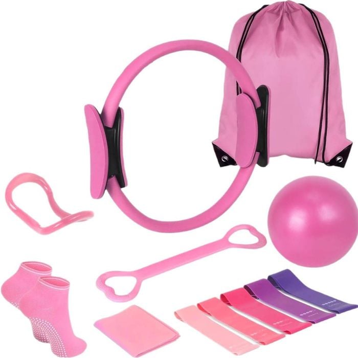 Fohoa 13 Pack Pilates Set With Ring, Bands & Ball - Pink