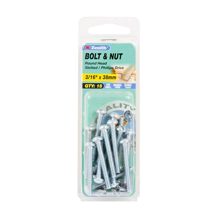 Zenith 3/16" x 38mm Zinc Plated Round Head Bolt And Nut - 15 Pack