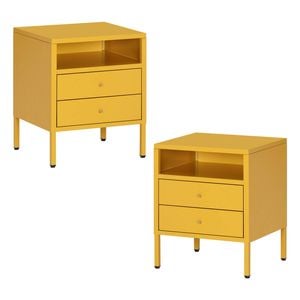 Familand Set Of 2 Steel End Side Table Bedside Tables with 2x Storage Drawers Free standing in Yellow