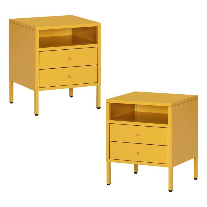 Familand Set Of 2 Steel End Side Table Bedside Tables with 2x Storage Drawers Free standing in Yellow