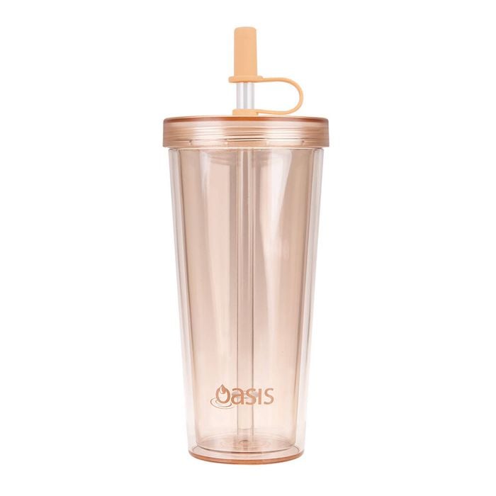 Oasis Reusable Tall Smoothie Tumbler w/ Straw Double Walled 520ml Peach