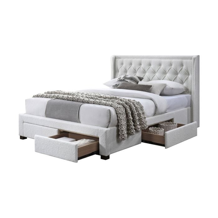 Jacky Queen Size Bed Frame 4 Storage Drawers Boucle Fabric Ivory Cream