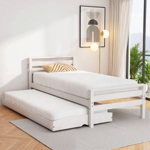 Artiss Bed Frame Single Size 2-in-1 Trundle Wooden White Avis