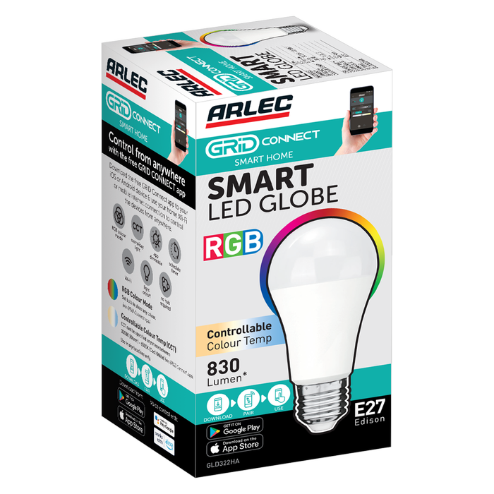 Arlec Grid Connect Smart E27 LED 830lm RGB CCT Colour Mode 10W Globe