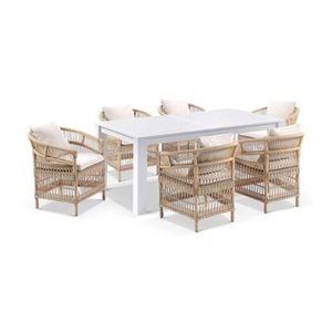 Santorini 1.8m Outdoor Aluminium Dining Table White With 6 Wicker Chairs & Wheat/Cream Cushions