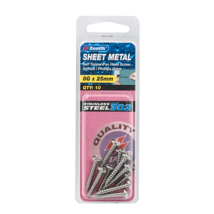 Zenith 8G x 25mm Stainless Steel Self Tapper Pan Head Sheet Metal Screws - 10 Pack