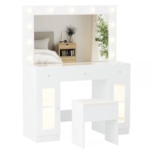 Advwin Dressing Table Set with Large Mirror and Lights Glass Top Power Outlet 3 Color Lighting Modes White