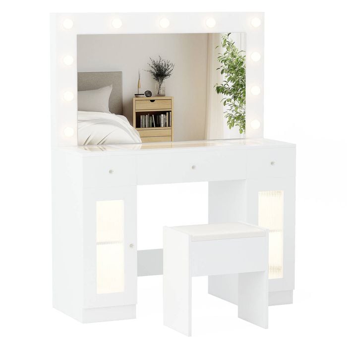 Advwin Dressing Table Set with Large Mirror and Lights Glass Top Power Outlet 3 Color Lighting Modes White