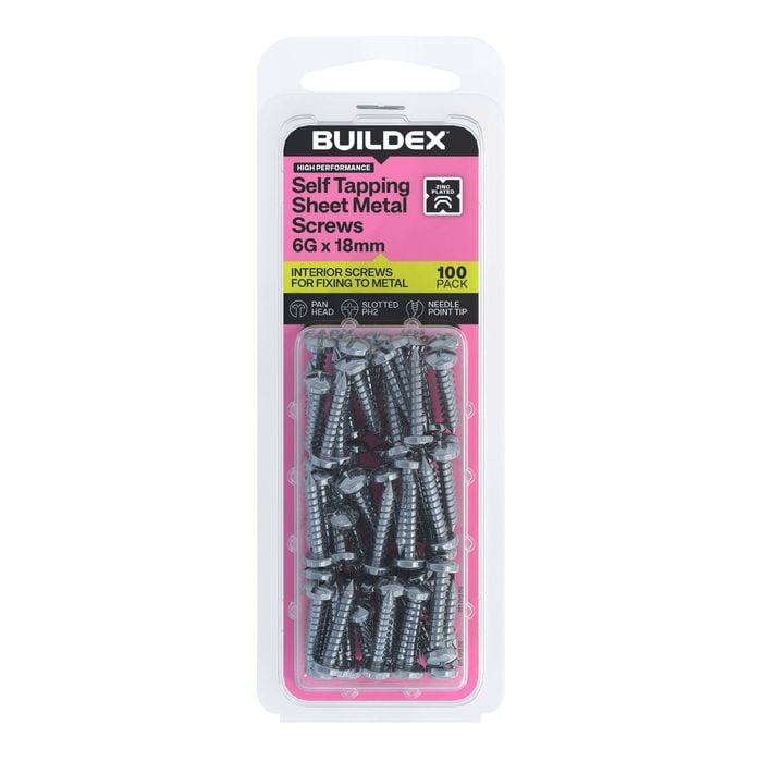 Buildex 6G x 18mm Zinc Plated Self Tapping Sheet Metal Screws - 100 Pack