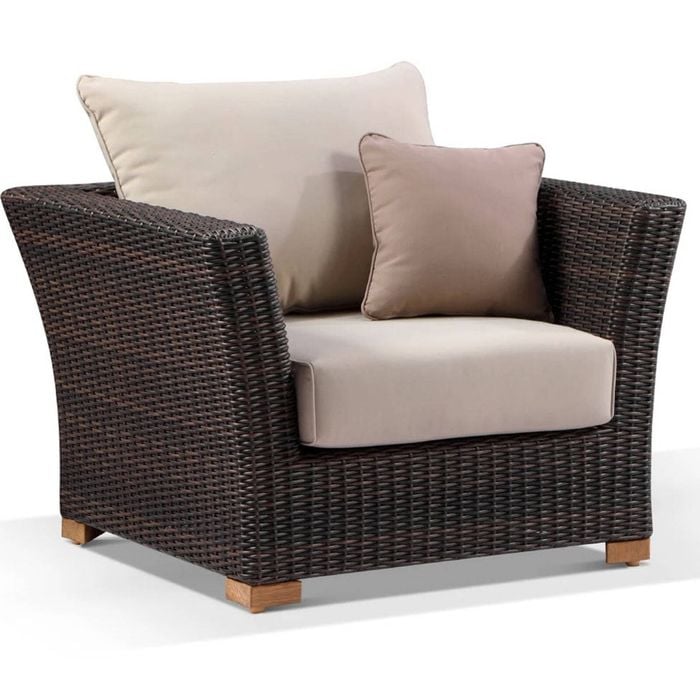 Coco 1 Seater Outdoor Wicker Arm Chair Chestnut Brown & Latte Cushions