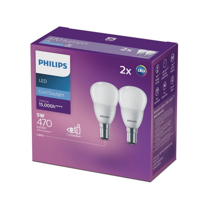 Philips B35 B15 LED 470Lm Cool Daylight 5W Fancy Round - 2 Pack
