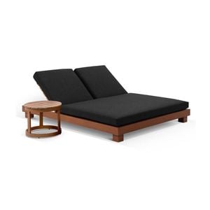 Outdoor Santorini Aluminium Double Sun Lounge In Teak Look With Slide Under Side Table