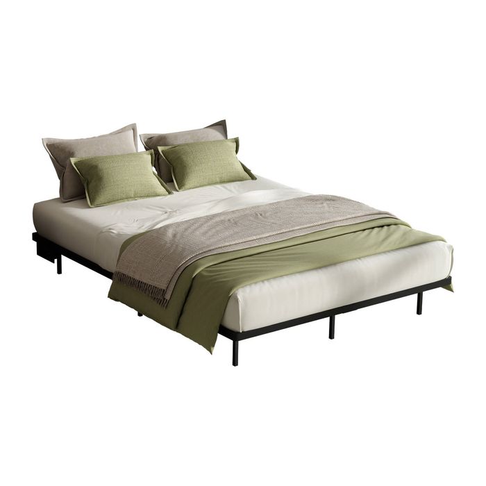 Oikiture Floating Metal Bed Frame Double Size Platform LED Light AC USB Black