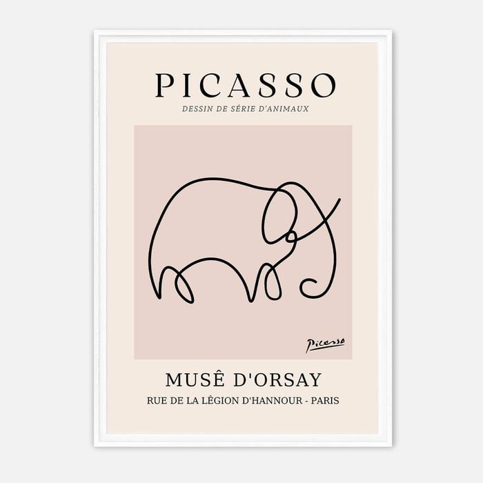 Galrie Picasso Minimalist Elephant Art Print - Iconic Line Drawing for Home Decor, White Frame, 70 x 100cm (28 x 40inch)
