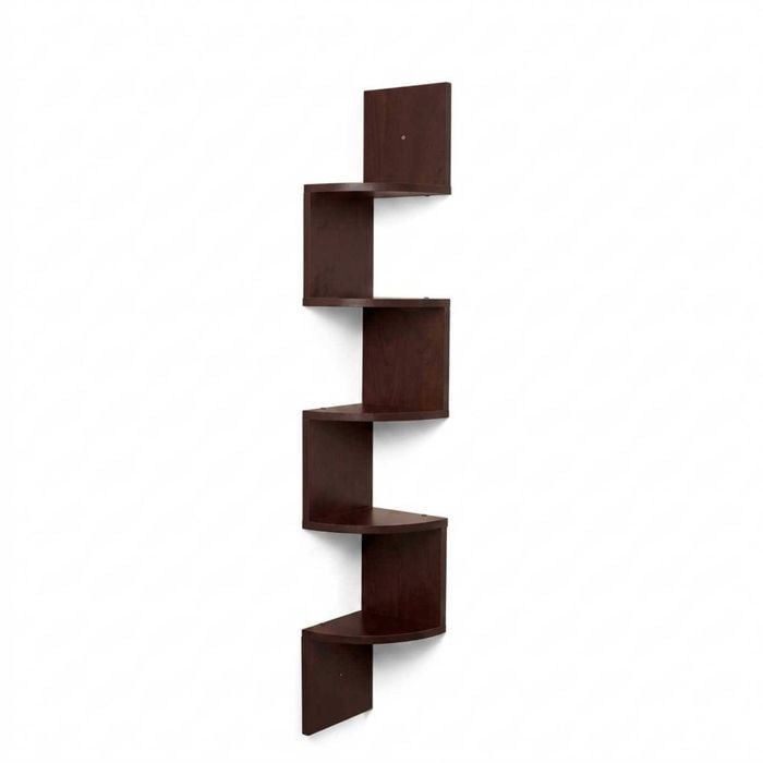 P&p Brown Corner Wall Shelf Zig Zag Floating Storage Rack Five Tier Space Saving Unit
