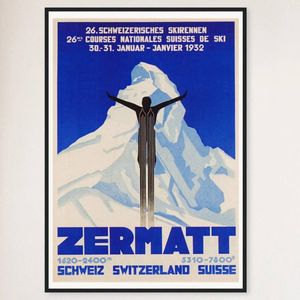 Galrie Vintage 1932 Zermatt Switzerland Ski Poster - Aerial Art for Ski Lovers, Black Frame, A2 42 x 60cm (16 x 24inch)