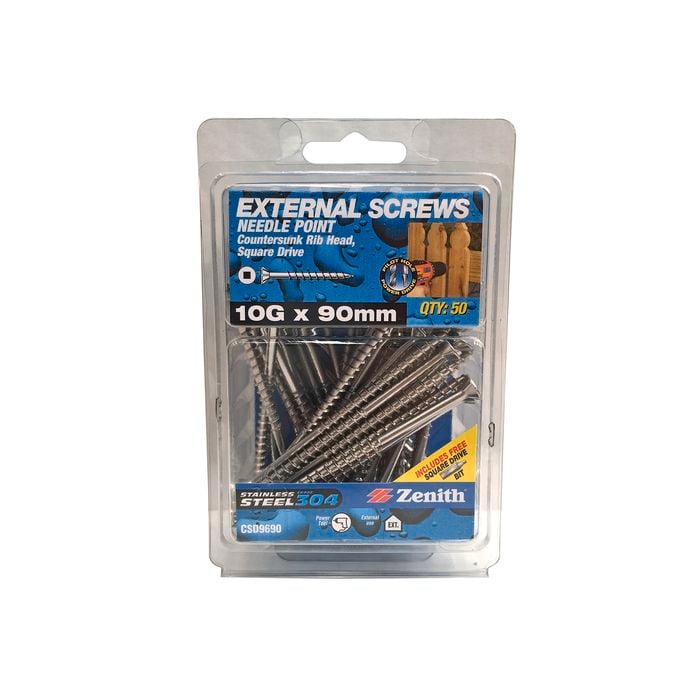 Zenith 10G x 90mm Stainless Steel 304 Square Drive External Screw - 50 Pack