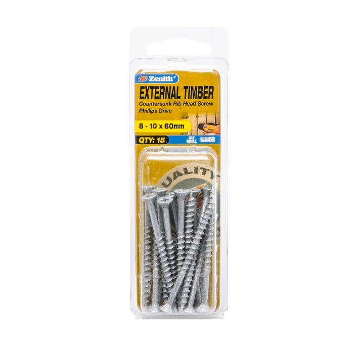 Zenith 8 - 10 x 60mm Galvanised Countersunk Rib Head External Timber Screws - 15 Pack