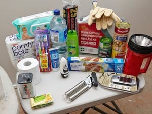 An emergency kit including food, water, a torch and other essentials.