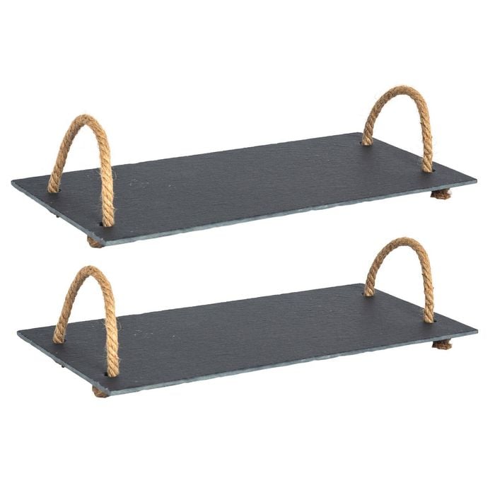 Argon Tableware Serving Tray with Rope Handles - 40 x 20cm Set of 2 Natural Slate Serving Platter Tray Bread Cheese Board