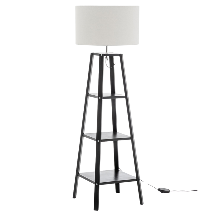 New Oriental Ren Rubberwood Floor Lamp W/ Linen Shade - Off White/Matte Black