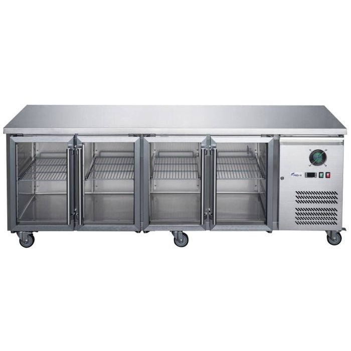 FED-X Stainless Steel Four Glass Door Under Bench Fridge 414.9L XUB7C22G4V