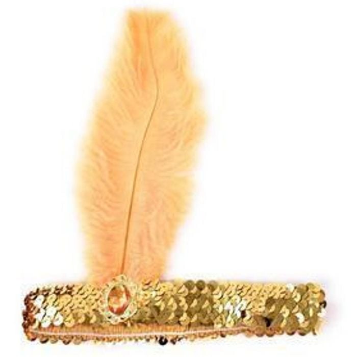 1920s FLAPPER HEADBAND Headpiece Feather Sequin Charleston Costume Gatsby Dance Gold/Orange