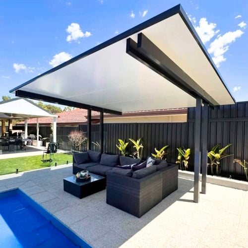 An exquisite masterpiece that redefines luxury outdoor living. With its striking double straight arms bolted to closely positioned posts, this pergola exudes a high-end allure that will elevate the aesthetics of your outdoor space.