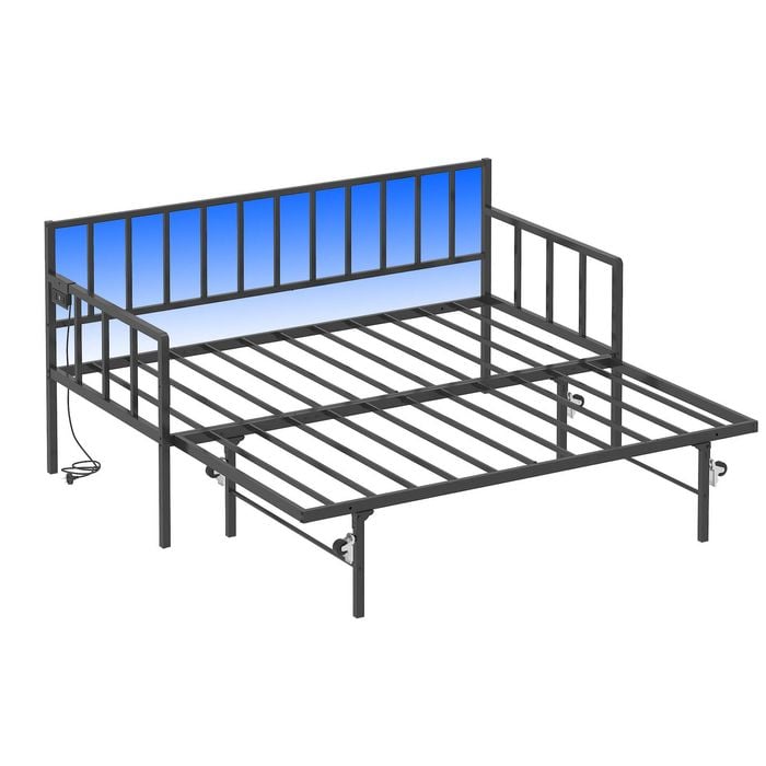 Ufurniture Single Daybed with Pop up Trundle,  Charging Station and LED Light Metal Sofa Bed Frame Black