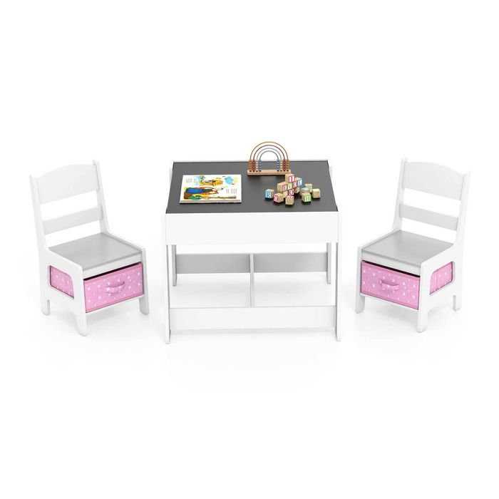 Costway Kids Table and Chairs Set Study Desk w/Storage Box Grey
