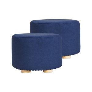 La Bella 2 Set Dark Blue Fabric Ottoman Round Wooden Leg Foot Stool