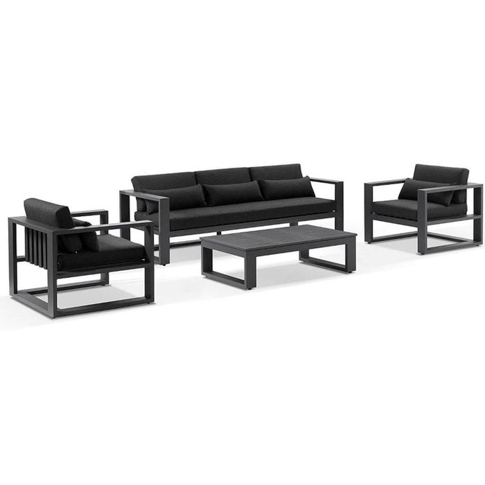 Santorini 3+1+1 Aluminium Lounge Setting Charcoal With Coffee Table & Denim Grey Cushions