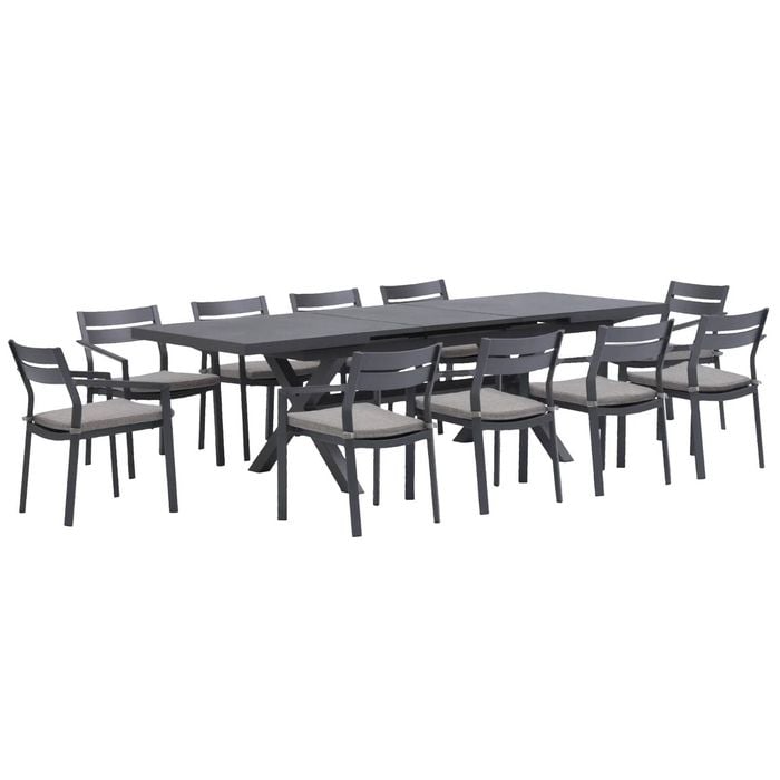 FurnitureOkay Bondi-Mosman 11-Piece Sintered Stone Outdoor Extendable Dining Setting - Charcoal
