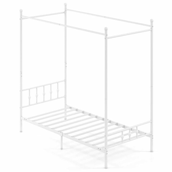 Costway Canopy Bed Frame Single Modern 4-poster Metal Platform White