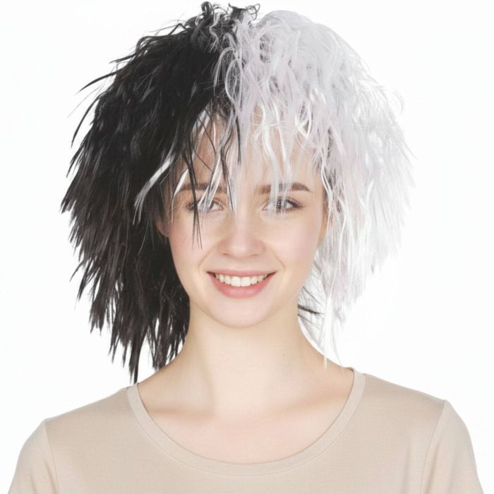 EVIL LADY WIG Messy Curly Hair Costume Dalmatian Villain Fancy Dress Accessory Black/White