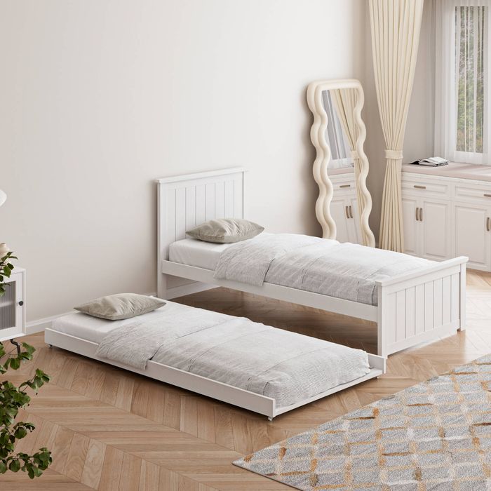 Oikiture Trundle Bed Frame Single Size Beds Base Wooden Daybed White ...