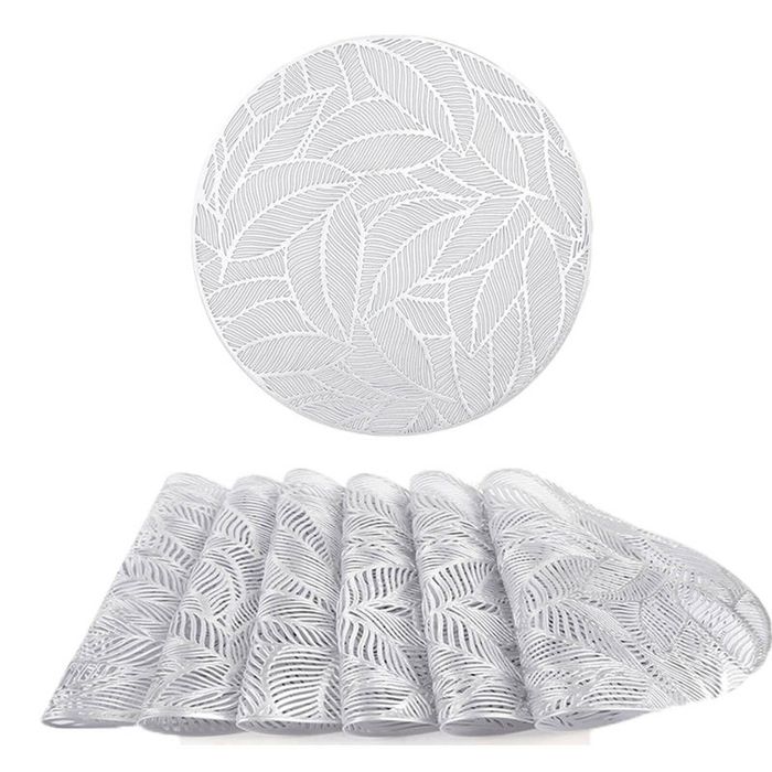 Catzon 6 Pcs Round Leaf Pvc Placemats Hollowed-out Party Silver