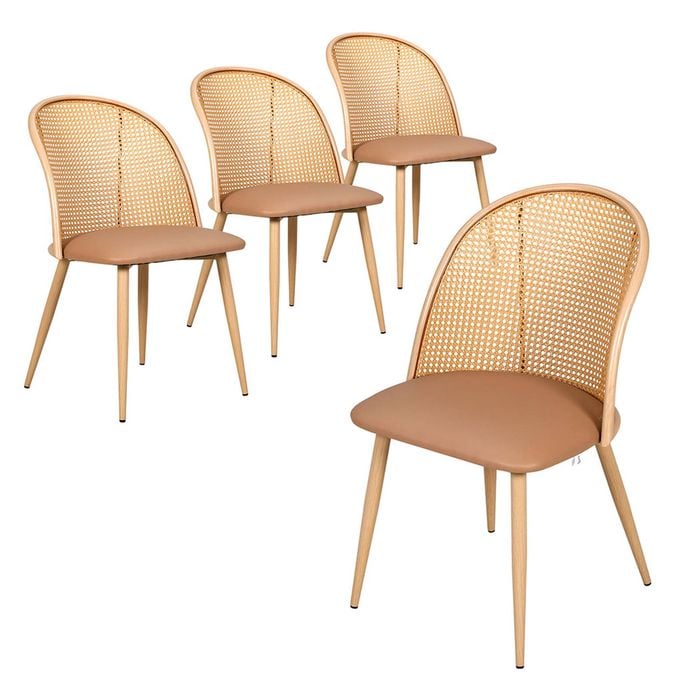 Familand Rattan Dinner Chairs Set of 4 Faux Leather Upholstered in Cream