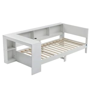 Artiss White Single Solid Wood Corner Platform Bed Frame with Built-in Desk USB-C Charging Station
