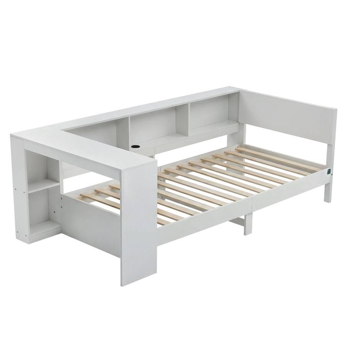 Artiss White Single Solid Wood Corner Platform Bed Frame with Built-in Desk USB-C Charging Station