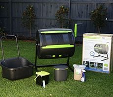 Compost tumbler bin and small food scrap bins