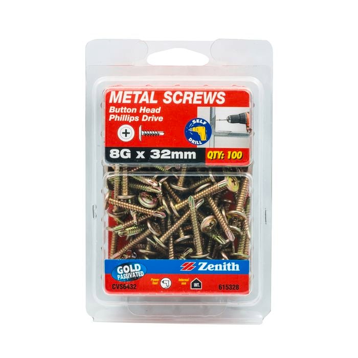 Zenith 8G x 32mm Gold Passivated Button Head Metal Screws - 100 Pack