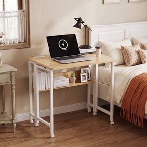Advwin 80cm Folding Computer Desk w/ Charging Station & Shelf Study Table w/ 6 Wheels Space Saving Workstation Oak
