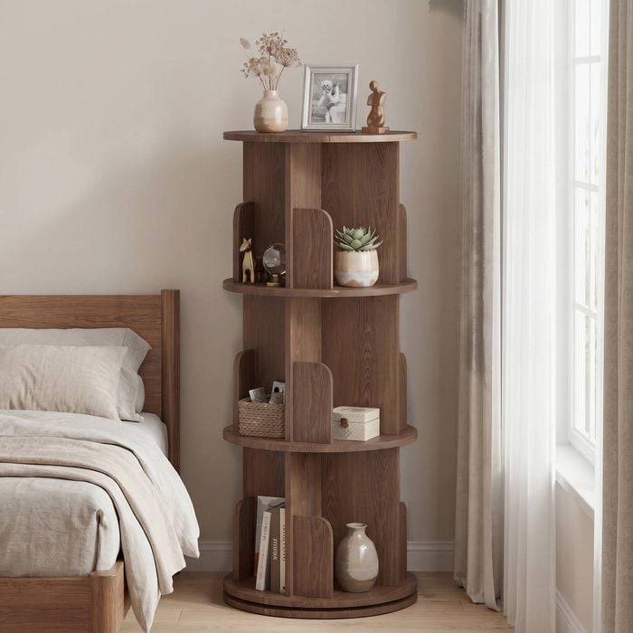 Advwin 3 Tiers Bookshelf Rotating Corner Bookcase Cabinet Revolving Display Stand Rack Brown