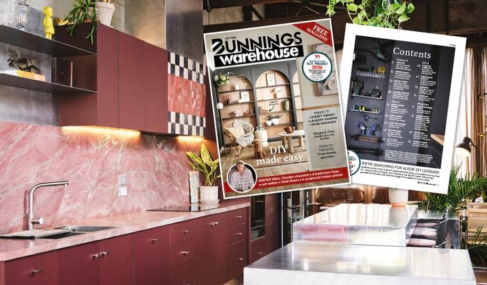 Modern kitchen with pink marble splashback and dark cabinetry, overlaid with images of the Bunnings Warehouse July 2026 magazine cover and a contents page.