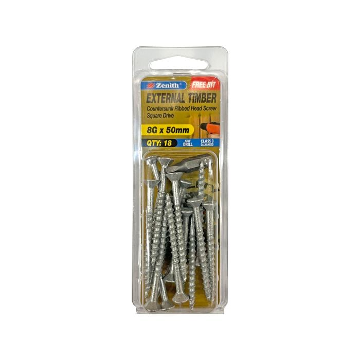 Zenith 8G x 50mm Galvanised Square Drive External Timber Screw - 18 Pack