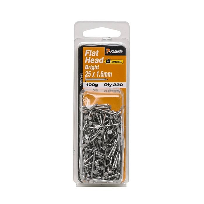 Paslode 25 x 1.6mm 100g Bright Steel Flat Head Nails - 220 Pack