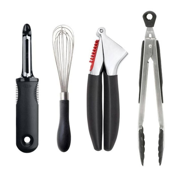 OXO Good Grips 4 Piece Kitchen Essential Tool Set 4pc Peeler Garlic Press Whisk Tongs