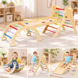 Ufurniture Climb Playset Kids Climbing Frame Wood Rocking Arch Slide Set w/Double Sided Ramp and Montessori Alphabet Puzzle