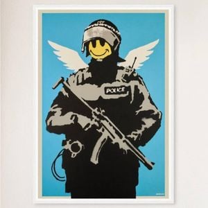 Galrie Banksy Flying Copper Art Print - Iconic 2003 Artwork on Museum-Quality Paper, White Frame, A1 60 x 84cm (23 x 33inch)
